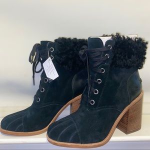 UGG black lace up booties with fur